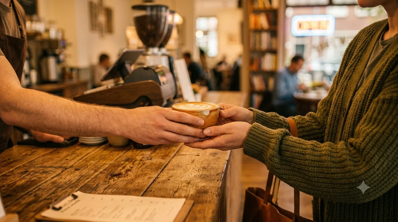 カウンター越しに、コーヒーの入ったカップを両手で手渡しているところ