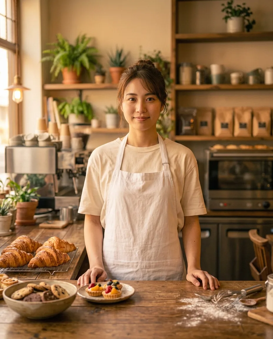 焼き菓子とタルトの並ぶ台に立つ女性スタッフ