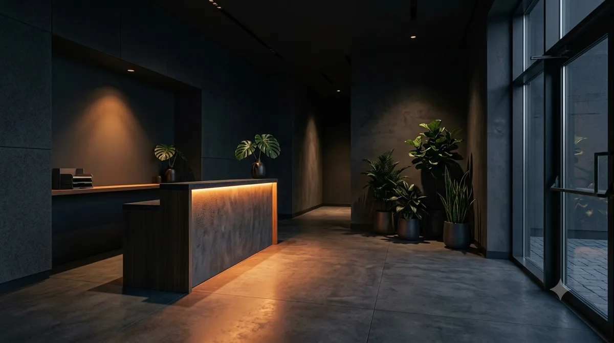 観葉植物が置かれた店内の受付エリア