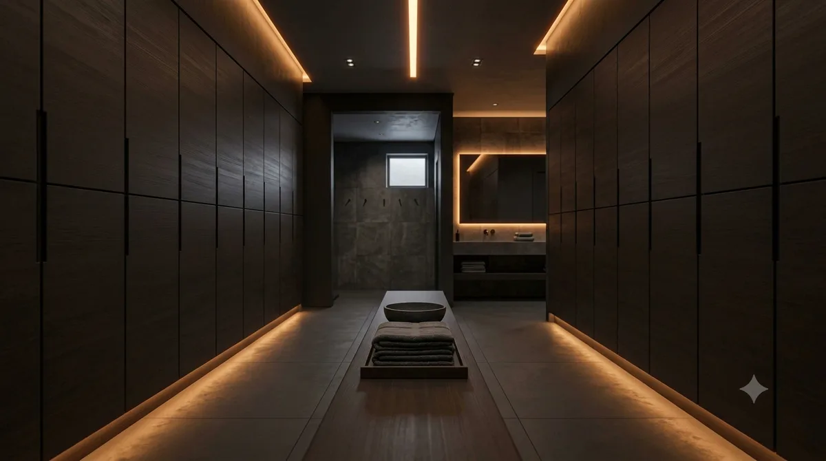 照明を施した更衣室・シャワールームの通路
